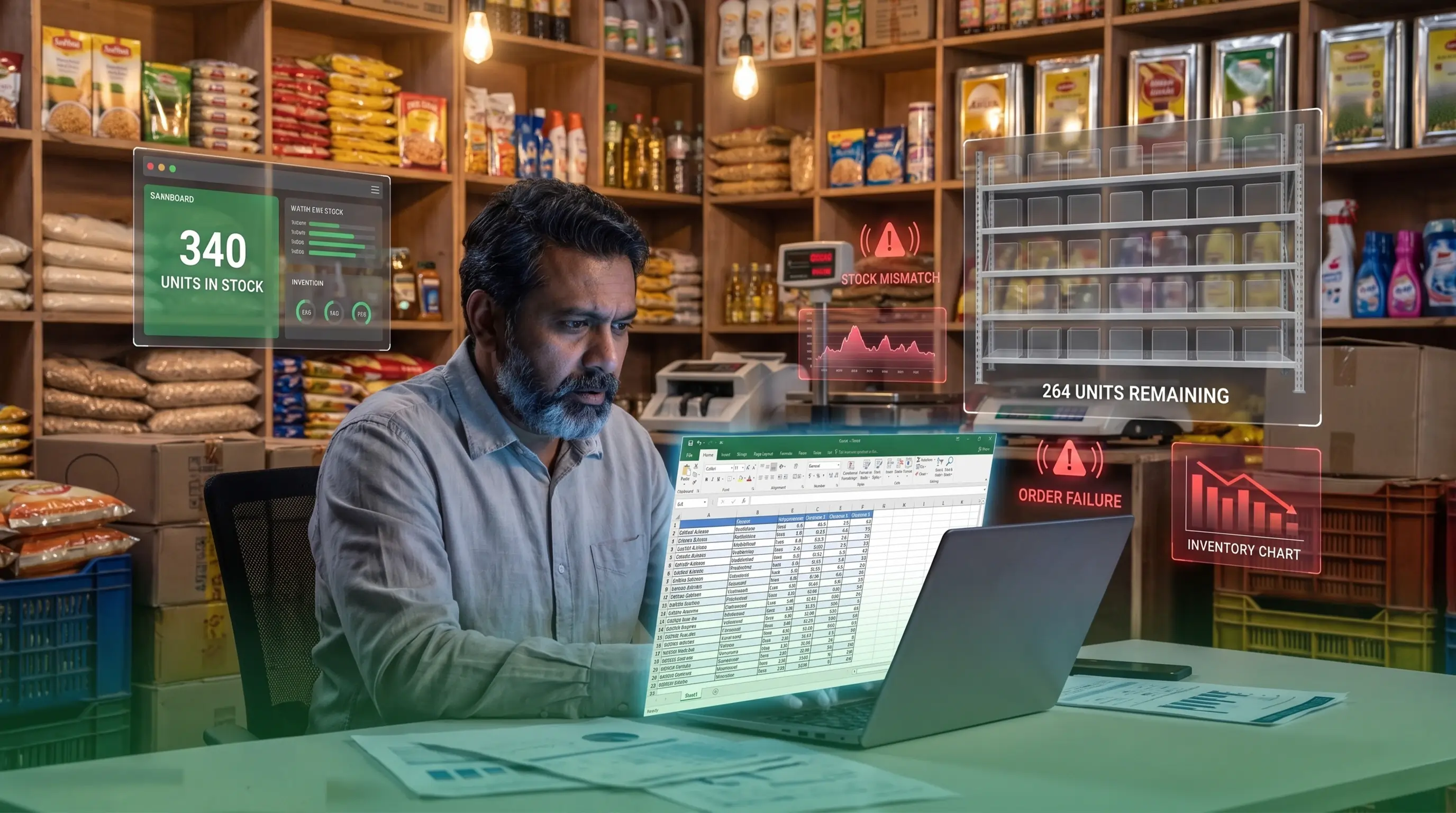 Inventory management screen showing stock warnings